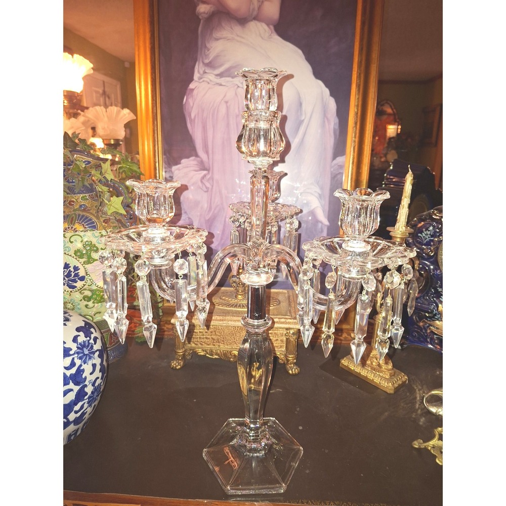 Antique French Baccarat 3 Arm Crystal Candelabra with Hanging Prism Droplets